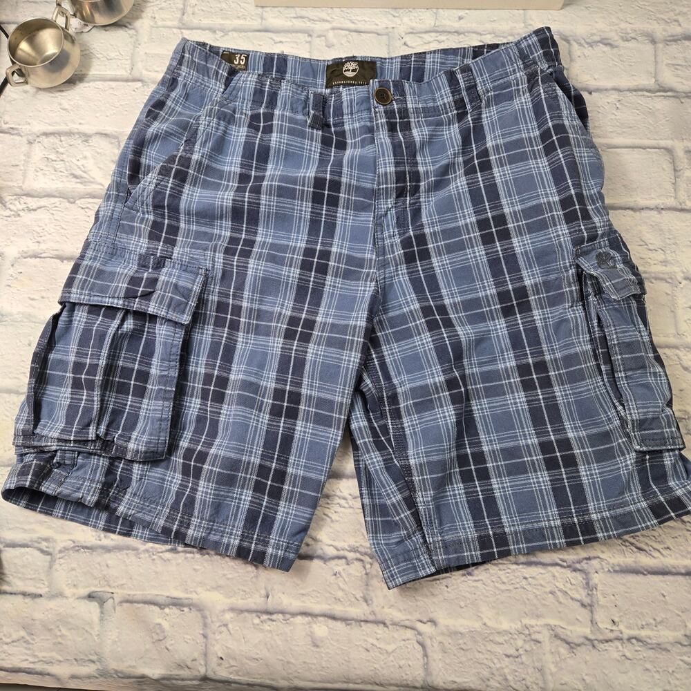Y2K Timberland Men's Cargo Shorts 100% Cotton Twill Blue Plaid 2539J size 35